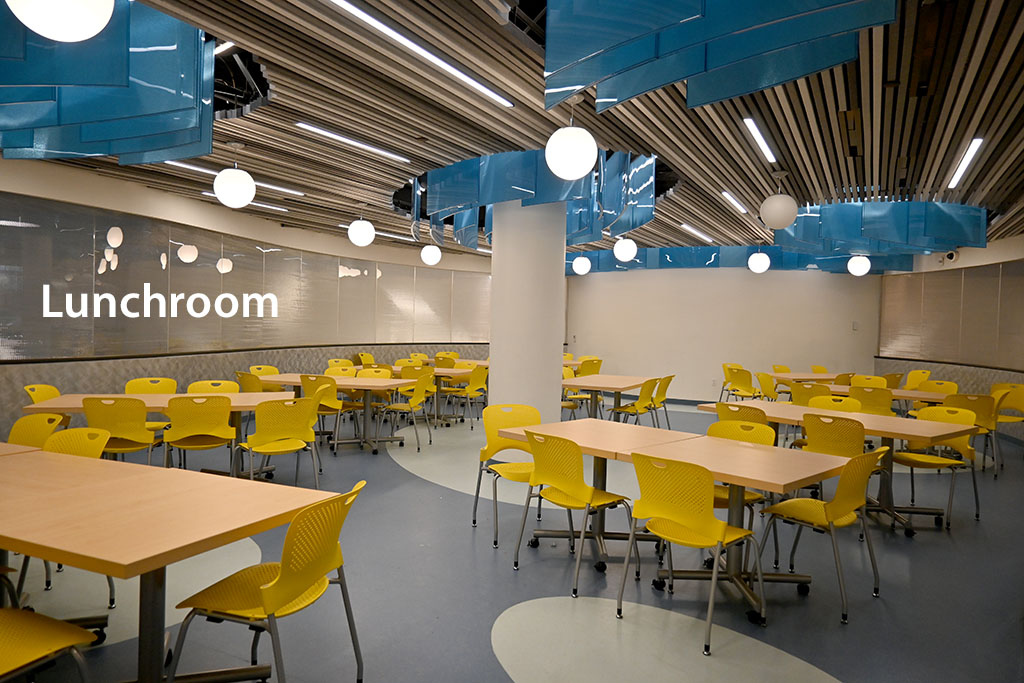 Lunchroom with light colored wood tables with yellow chairs. Ceiling includes hanging blue shapes meant to resemble surfaces within a cell.