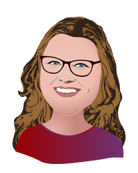 Head and shoulders illustration of light-skinned woman with shoulder length light brown hair and eyeglasses, red/purple shirt 