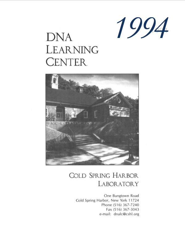 Annual report cover with black and white image of the DNA Learning Center brick building with a outside sculpture