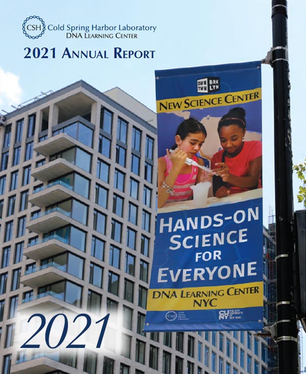 Annual report cover showing a blue street banner with and image of two girls with pipets with a building and sky in the background